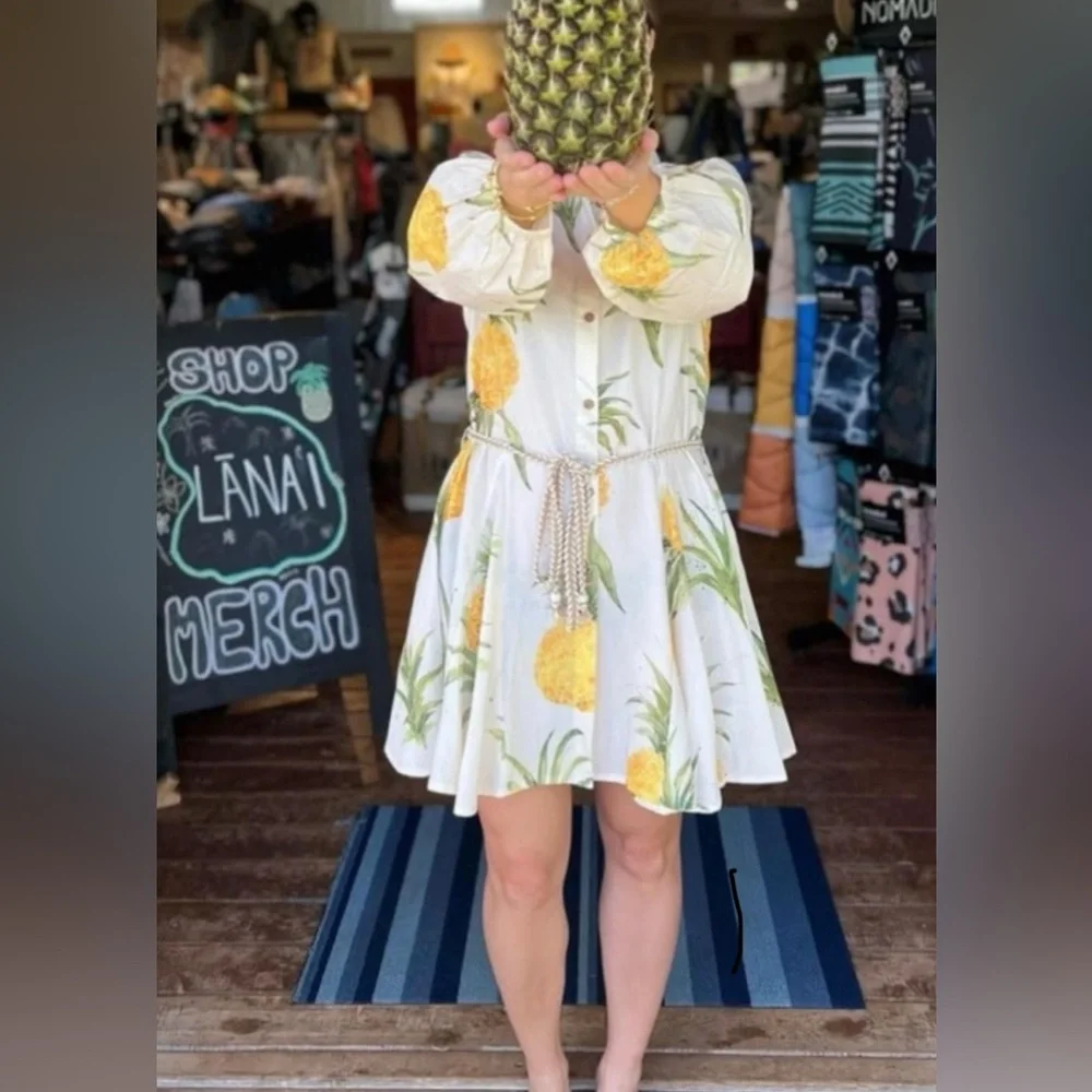 Pineapple shirt dress Hawaiian fit flare Cobalt Tawny medium button up boutique - Picture 2 of 10